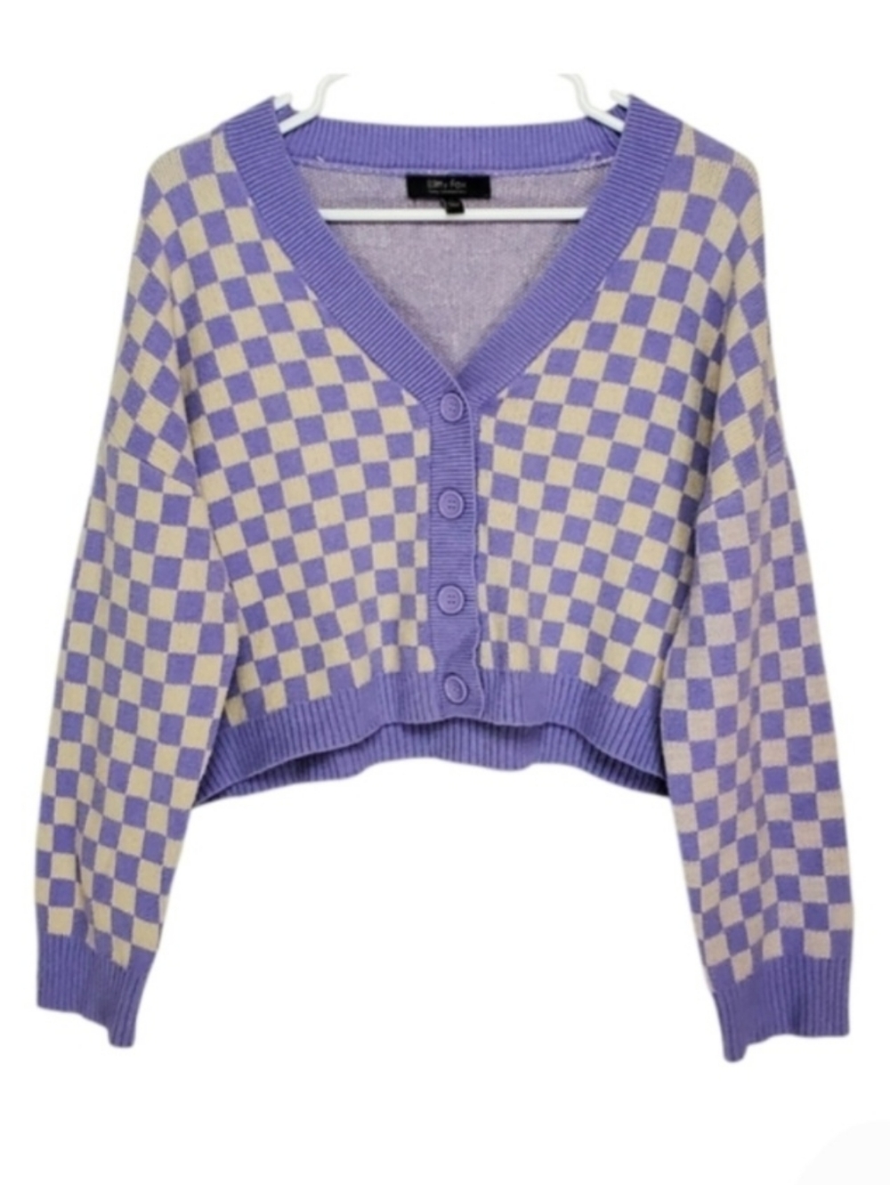 7638 * Witty Fox Checkered Cropped Cardigan Sweater Purple Ivory Size XL